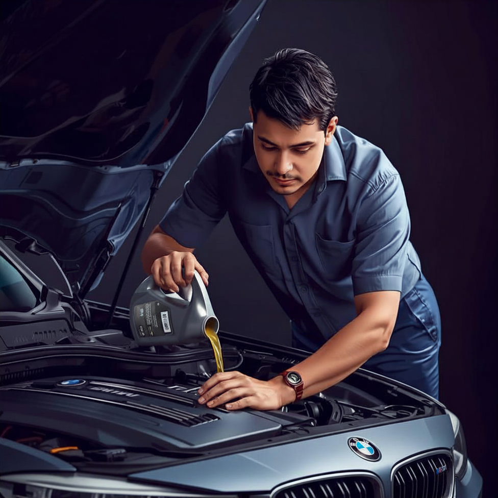 Hispanic man poring oil on a BMW