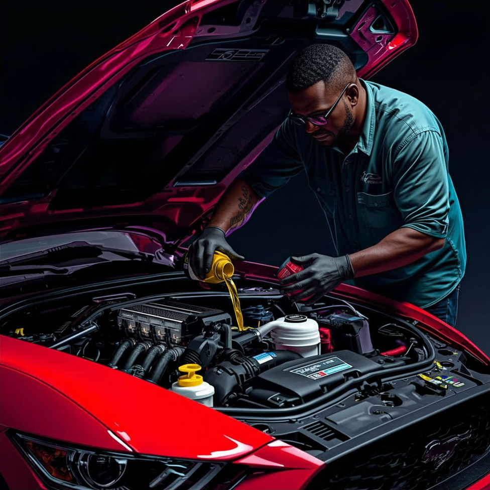 Man pouring oil in mustang